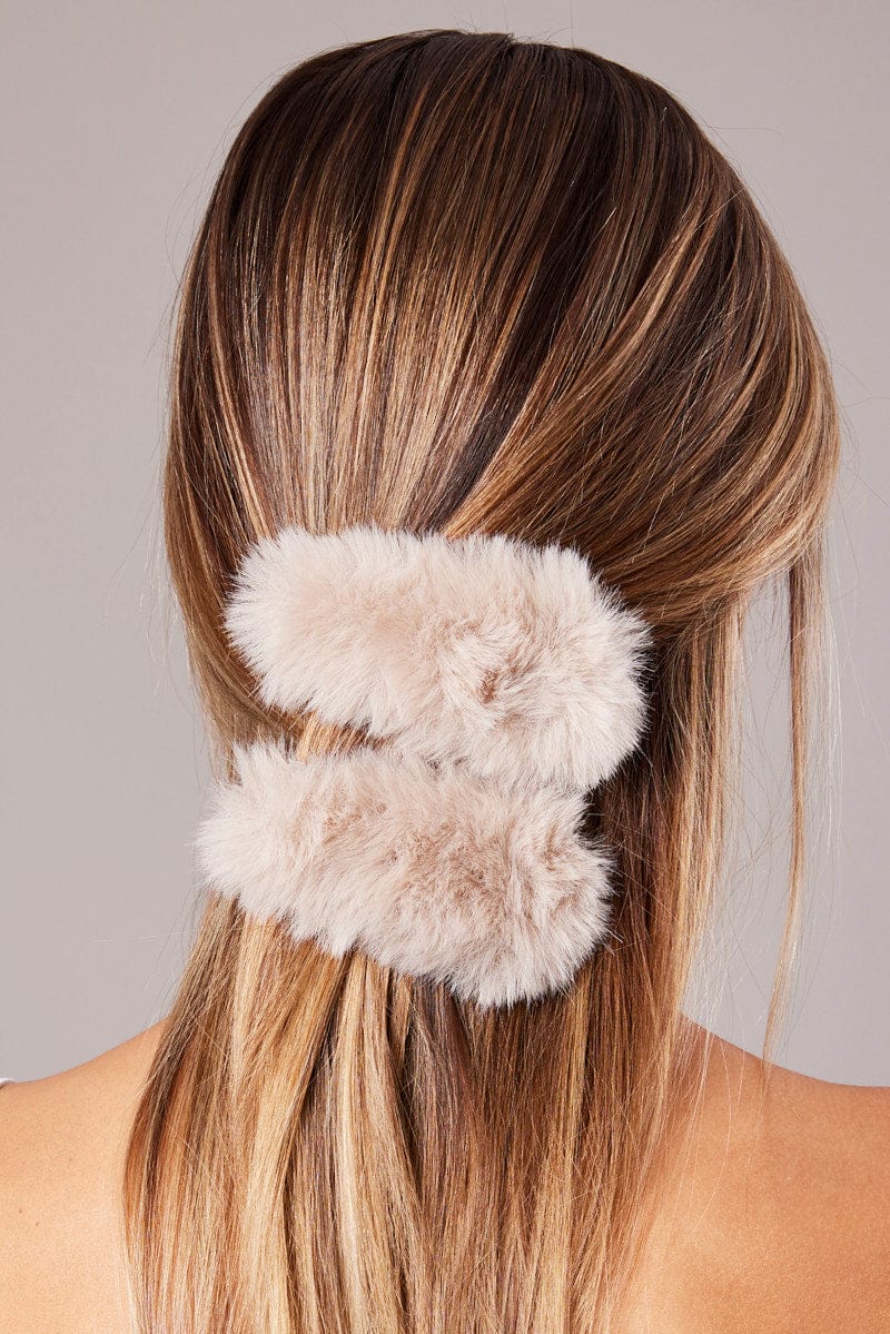 Beige 2 Pack Faux Fur Hair Clips - Image 2