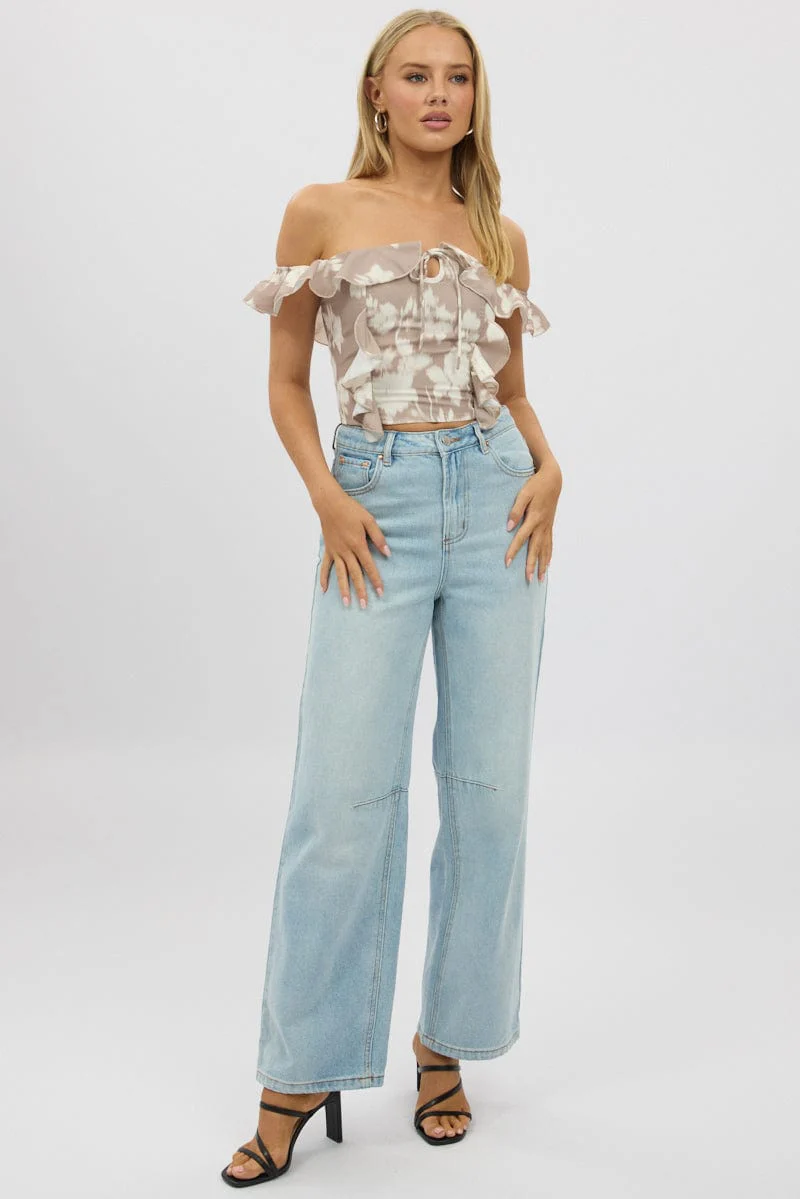 Beige Abstract Frilled Top Sleeveless Off Shoulder Chiffon - Image 2