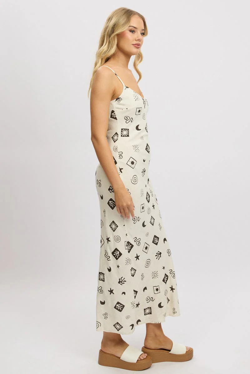 Beige Abstract Maxi Dress Bias Cut Linen Blend - Image 4
