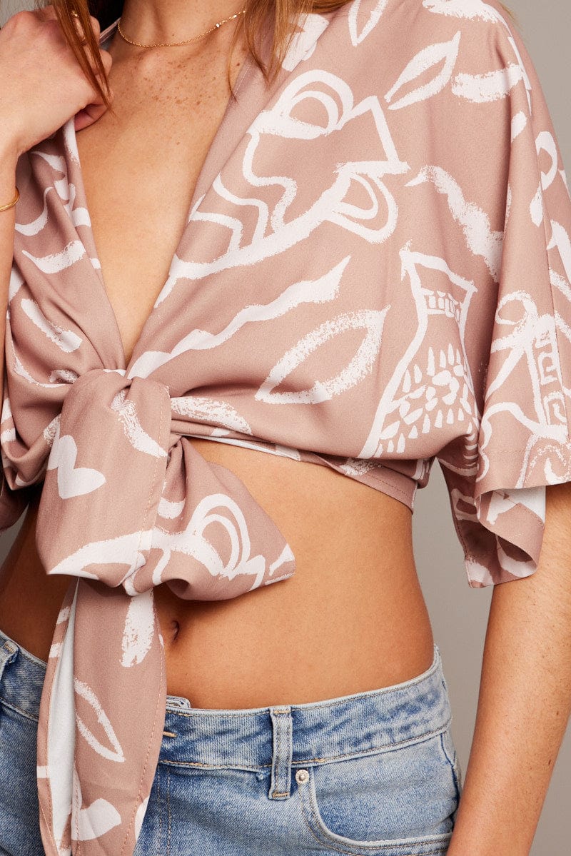 Beige Abstract Tie Up Bolero Short Sleeve - Image 6