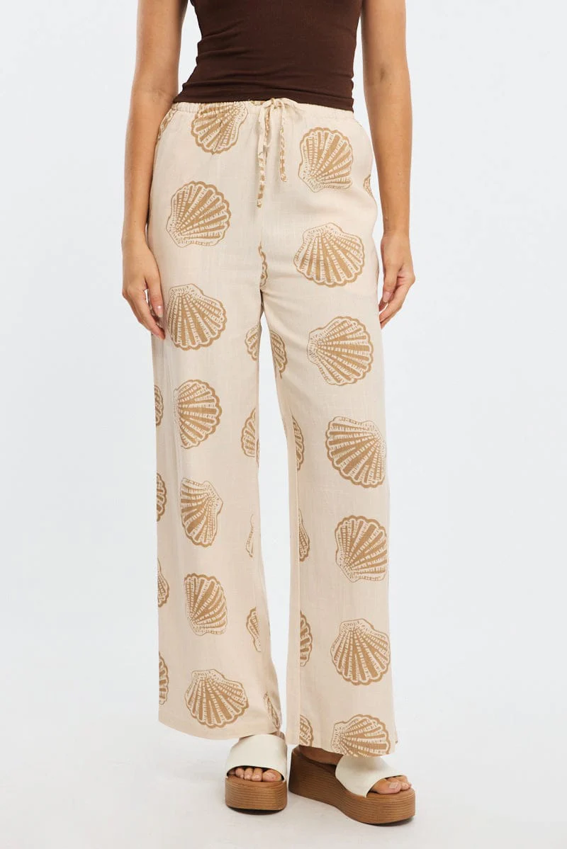 Beige Abstract Wide Leg Pants High Rise - Image 2