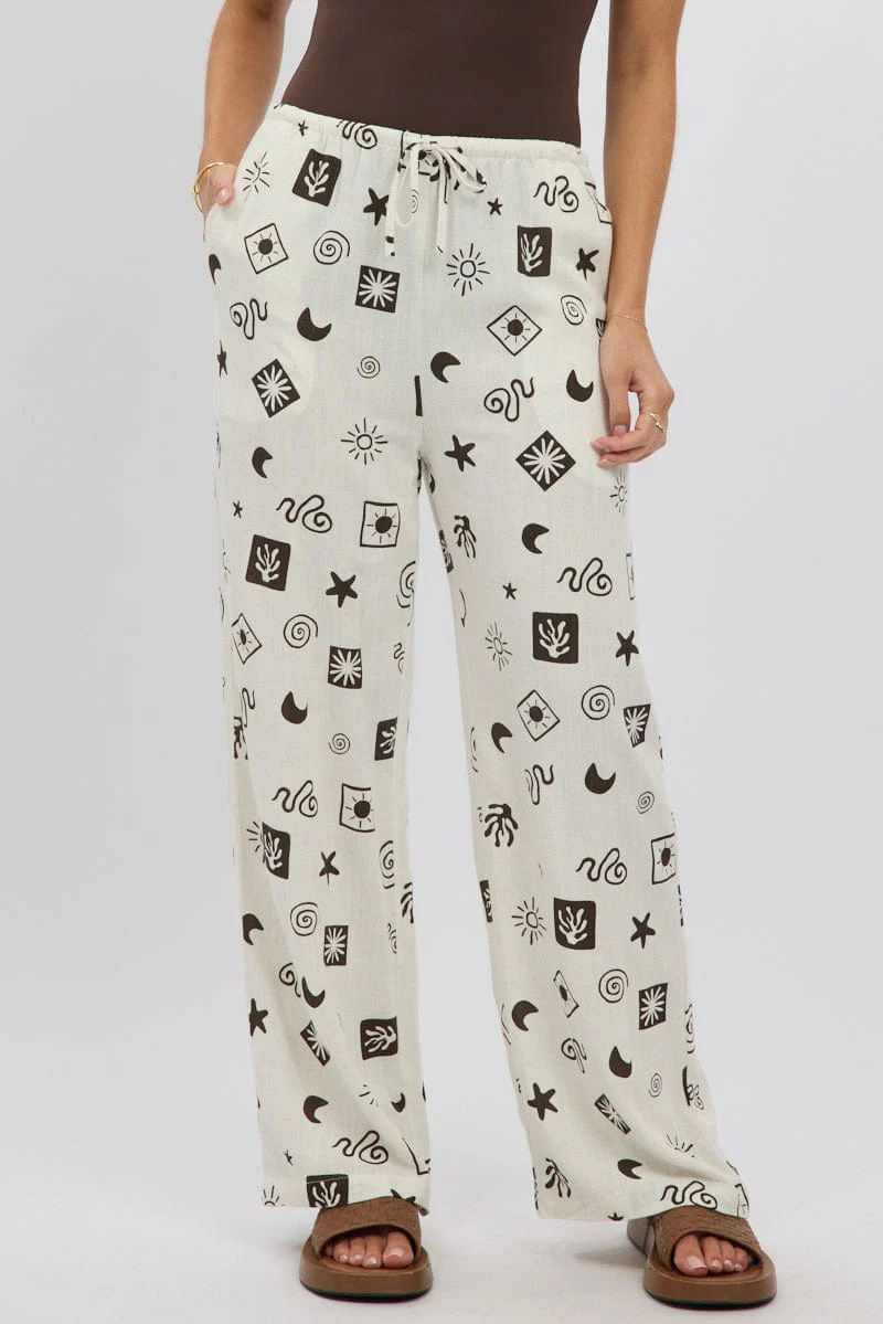 Beige Abstract Wide Leg Pants High Rise - Image 3