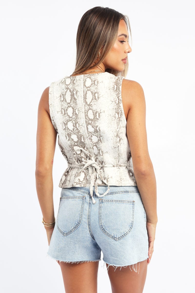 Beige Animal Print Denim Vest Sleeveless V-neck Button Up - Image 4