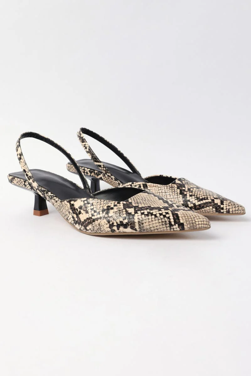 Beige Animal Print Slingback Kitten Heeled Shoes - Image 3