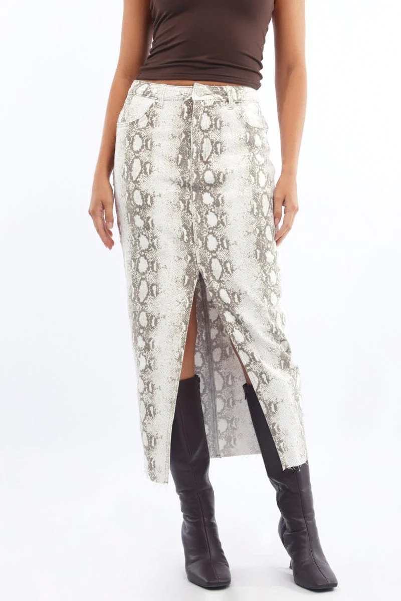 Beige Animal Print Snake Skin Skirt High Rise Front Split - Image 2