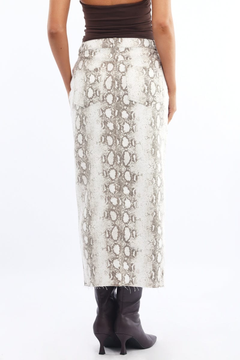 Beige Animal Print Snake Skin Skirt High Rise Front Split - Image 4