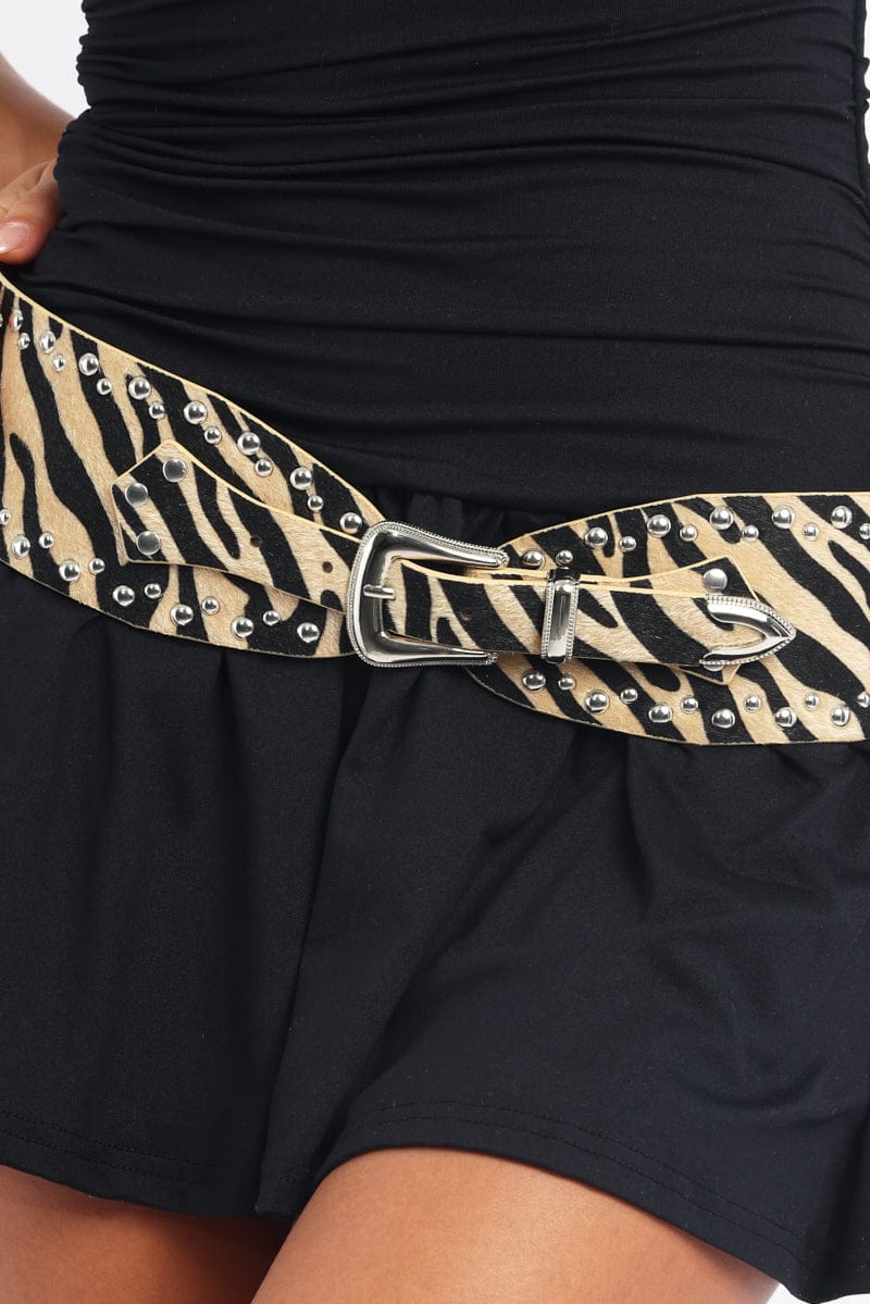 Beige Animal Print Studded Western Belt - Image 2