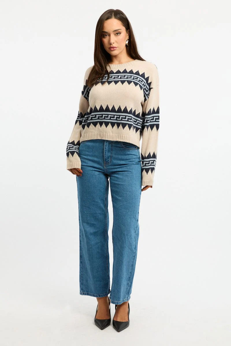 Beige Aztec Jumper Long Sleeve Crew Neck - Image 2