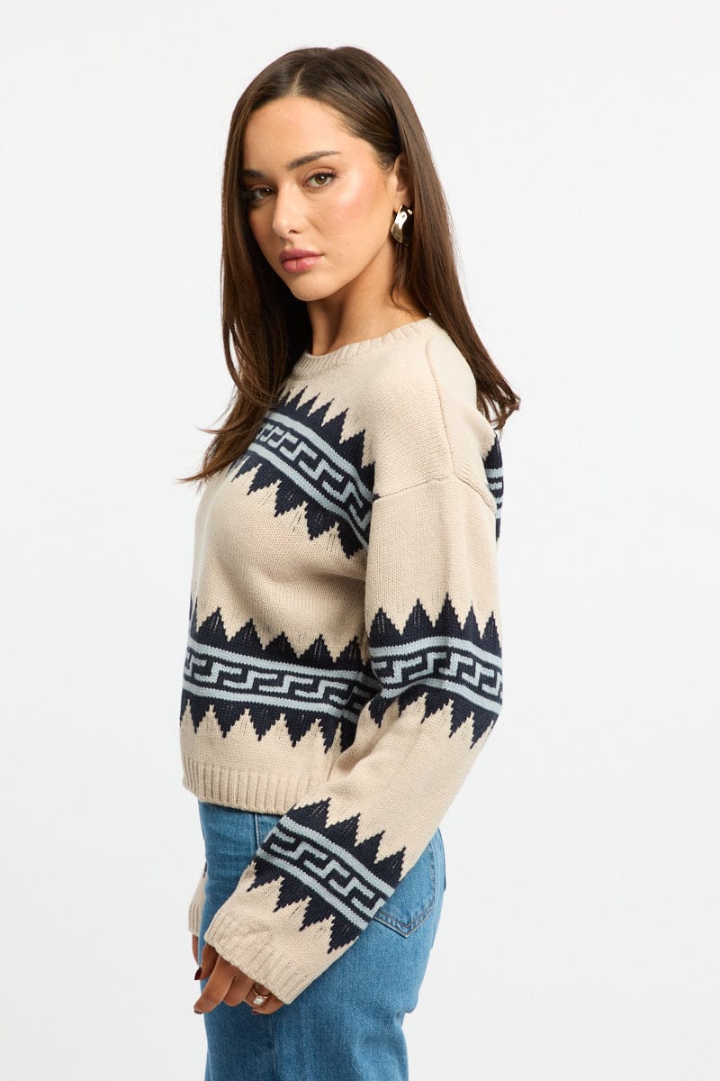 Beige Aztec Jumper Long Sleeve Crew Neck - Image 3