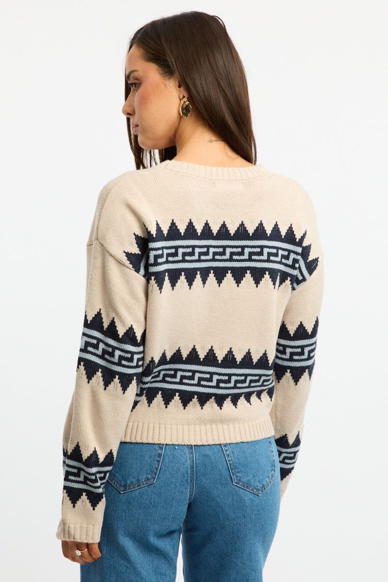 Beige Aztec Jumper Long Sleeve Crew Neck - Image 4