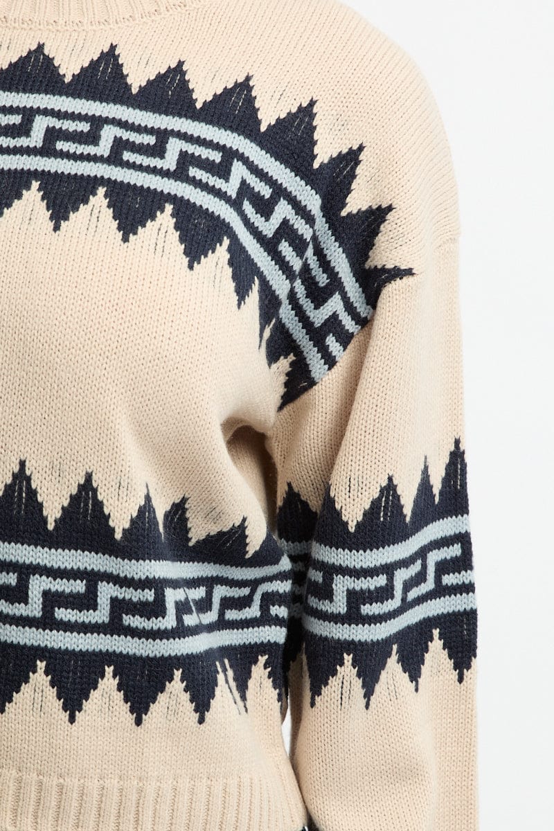 Beige Aztec Jumper Long Sleeve Crew Neck - Image 5