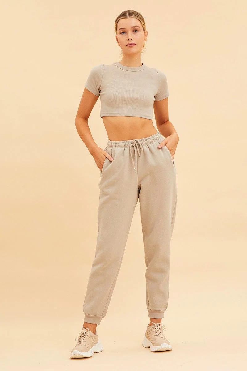 Beige Baby Tee Crop Crew Neck Short Sleeve Rib - Image 2