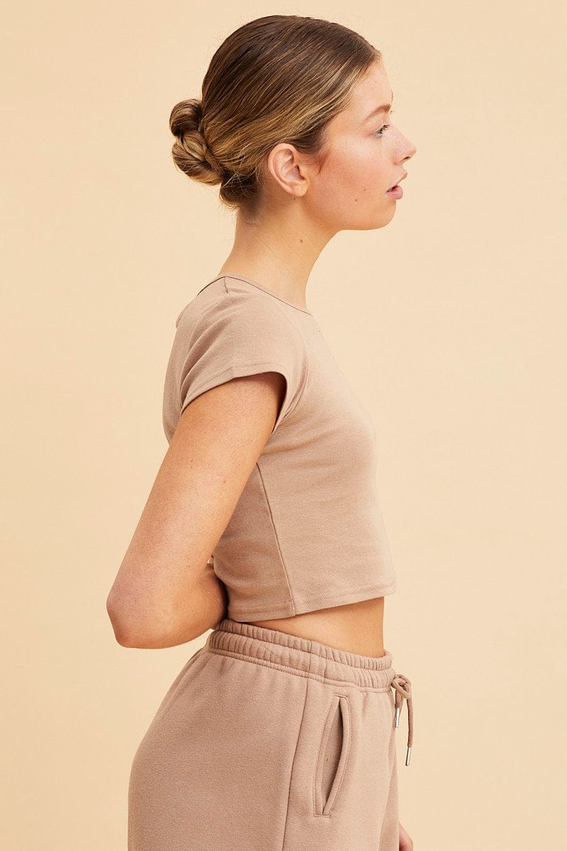 Beige Baby Tee Crop Crew Neck Short Sleeve Rib - Image 4