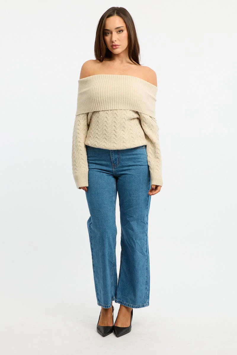 Beige Bardot Knit Top Long Sleeve Cable - Image 2