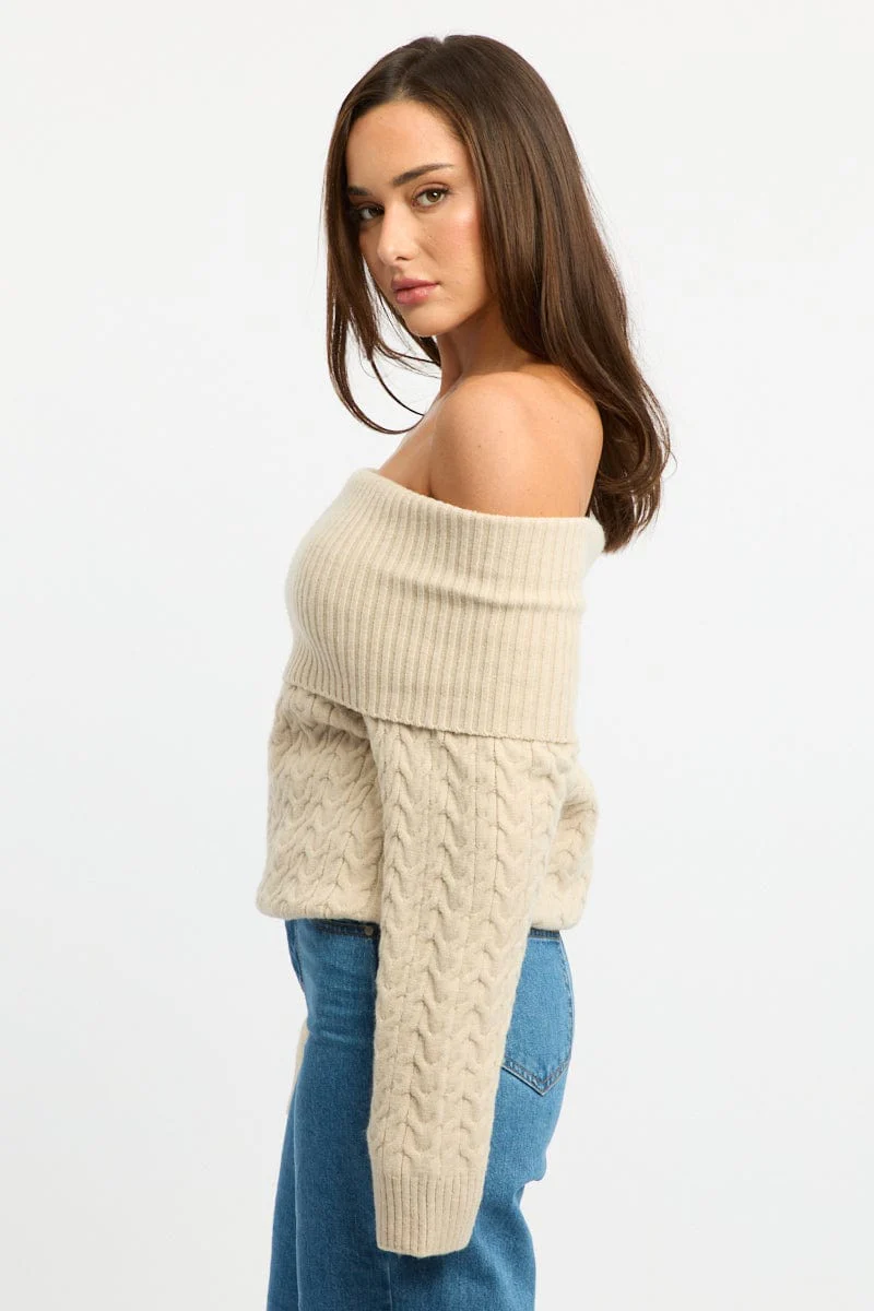 Beige Bardot Knit Top Long Sleeve Cable - Image 3