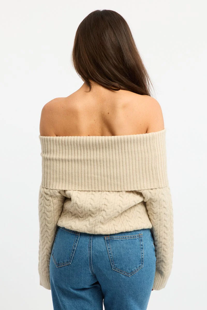 Beige Bardot Knit Top Long Sleeve Cable - Image 4