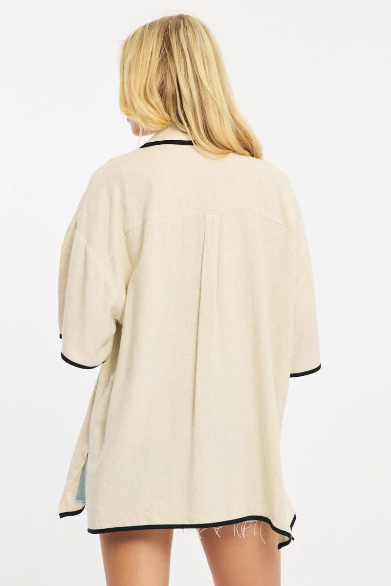 Beige Bias Lapel Shirt Short Sleeve Relaxed Linen Blend - Image 4