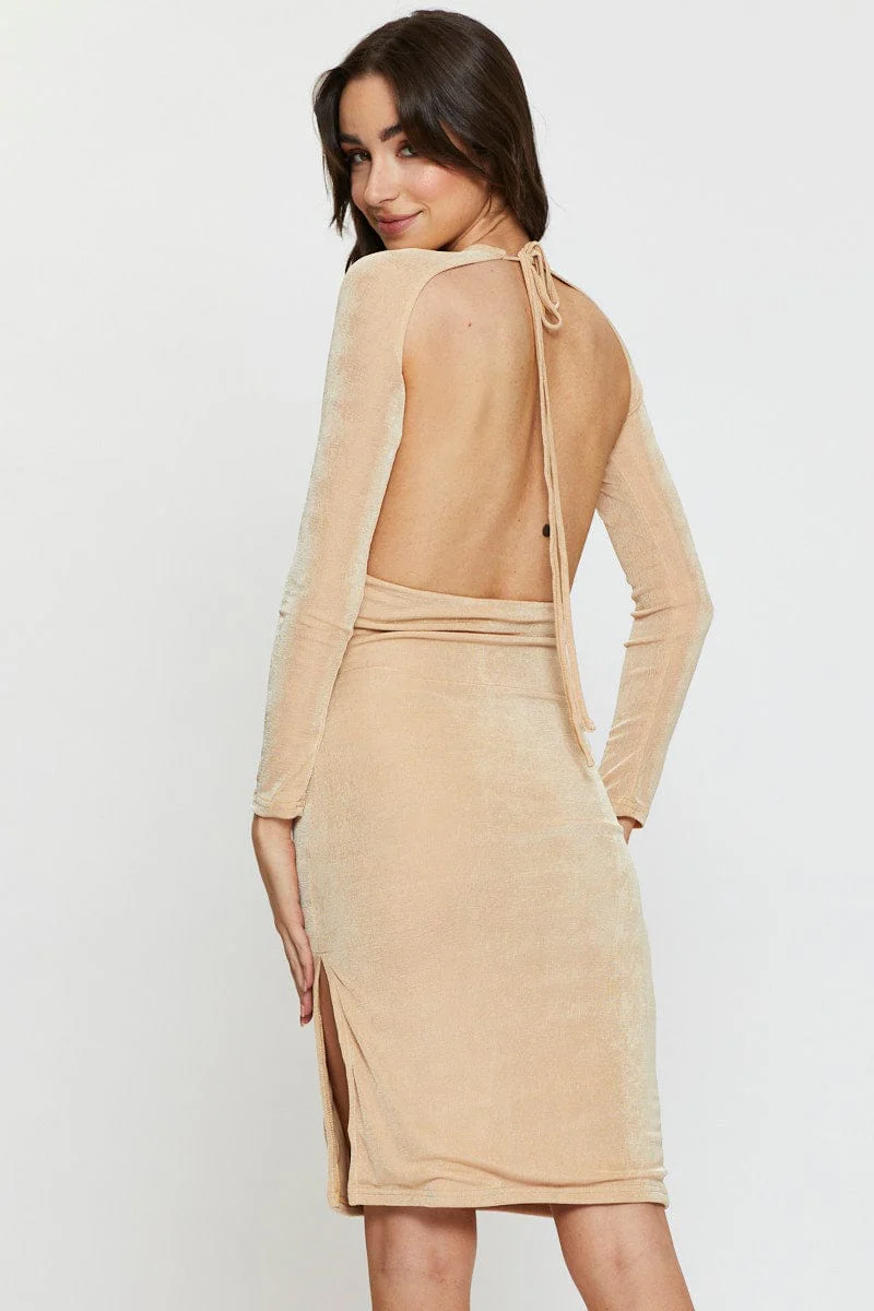 Beige Bodycon Dress Long Sleeve Evening - Image 5