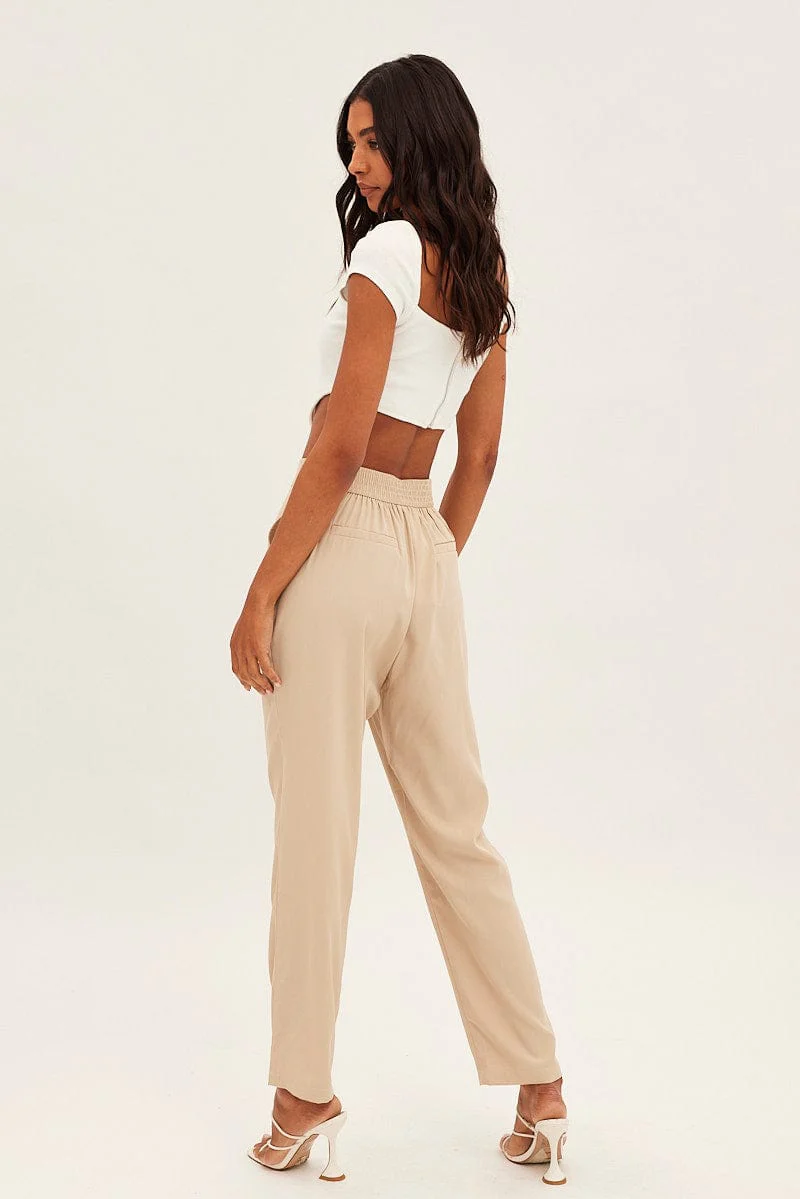 Beige Bone Pleated Waistband Detail Tailored Pant - Image 5