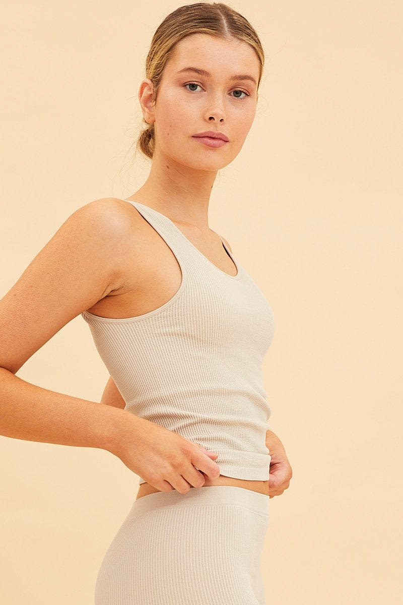 Beige Bone Seamless Tank Full Length Sleeveless Soop Neck - Image 4