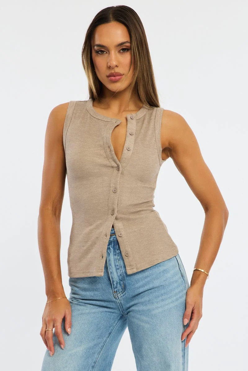 Beige Button Front Top Sleeveless - Image 2