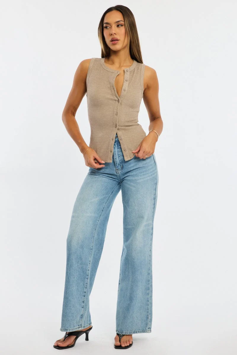 Beige Button Front Top Sleeveless - Image 3