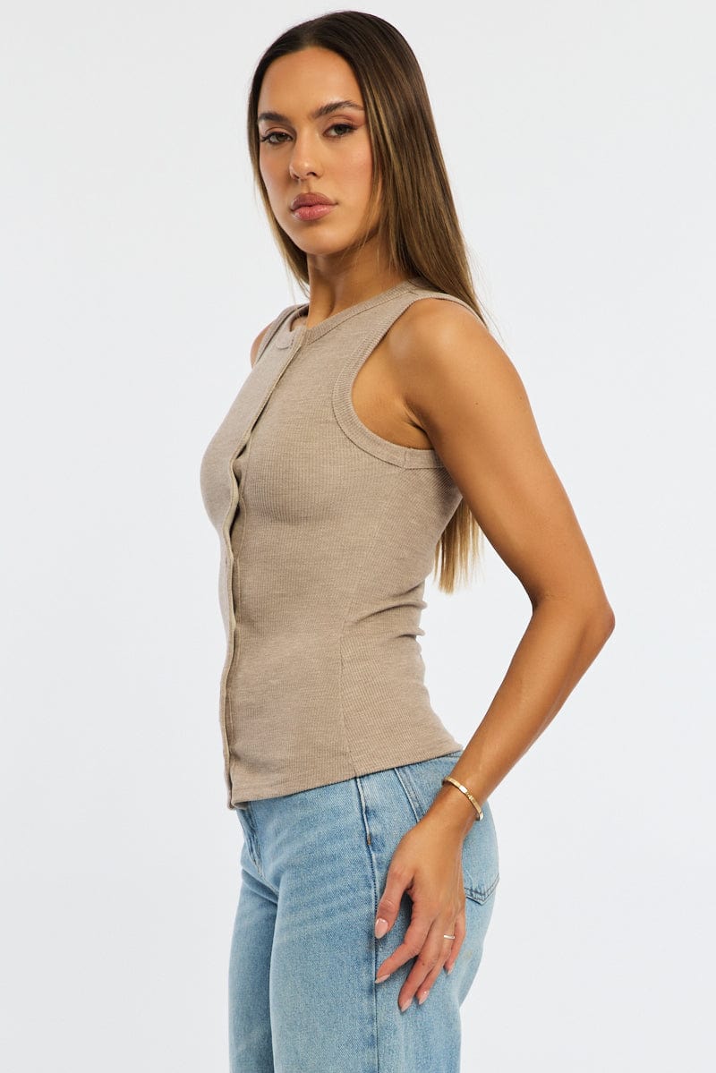 Beige Button Front Top Sleeveless - Image 4