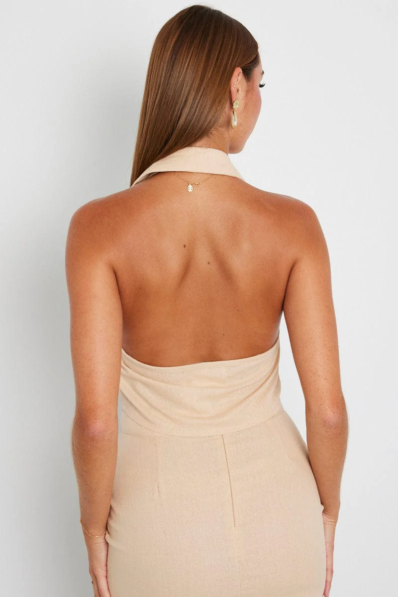 Beige Button Top Through Collared Vest Top - Image 5