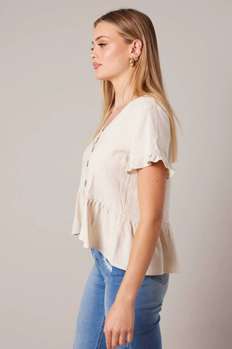 Beige Button Up Top V-Neck Frill Hem Top Linen - Image 4