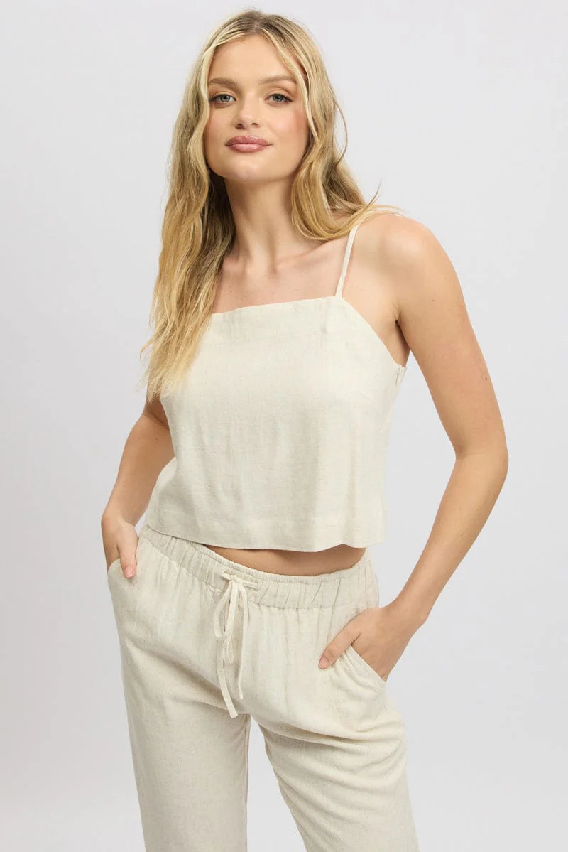 Beige Cami Top Sleeveless Linen Blend - Image 3
