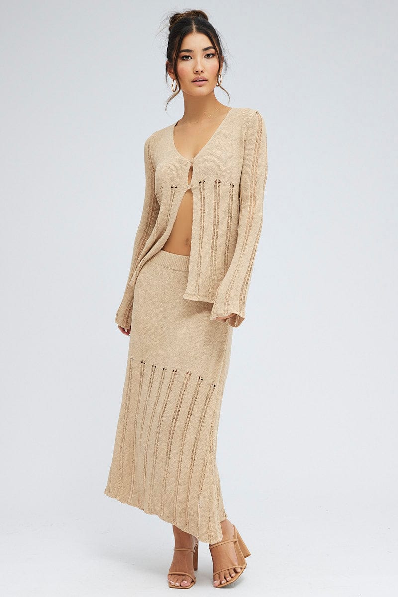 Beige Cardigan Long Sleeve V Neck Button Ladder Knitted - Image 2