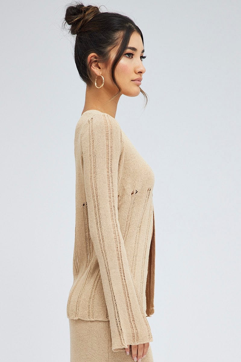 Beige Cardigan Long Sleeve V Neck Button Ladder Knitted - Image 4