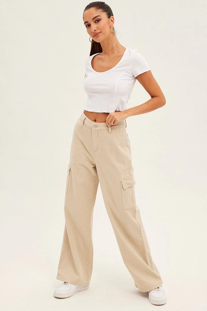 Beige Cargo Denim Jeans High Rise - Image 3