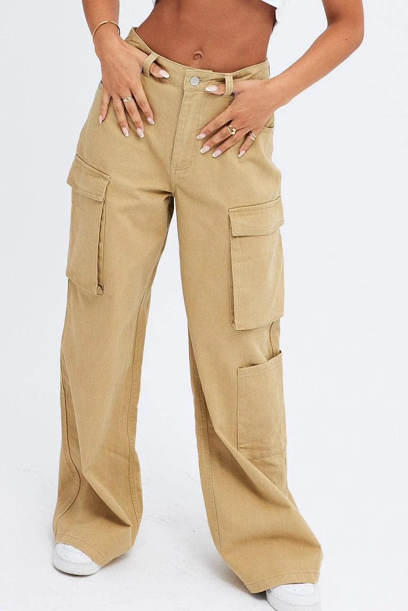 Beige Cargo Jeans Wide Leg Mid Rise - Image 2