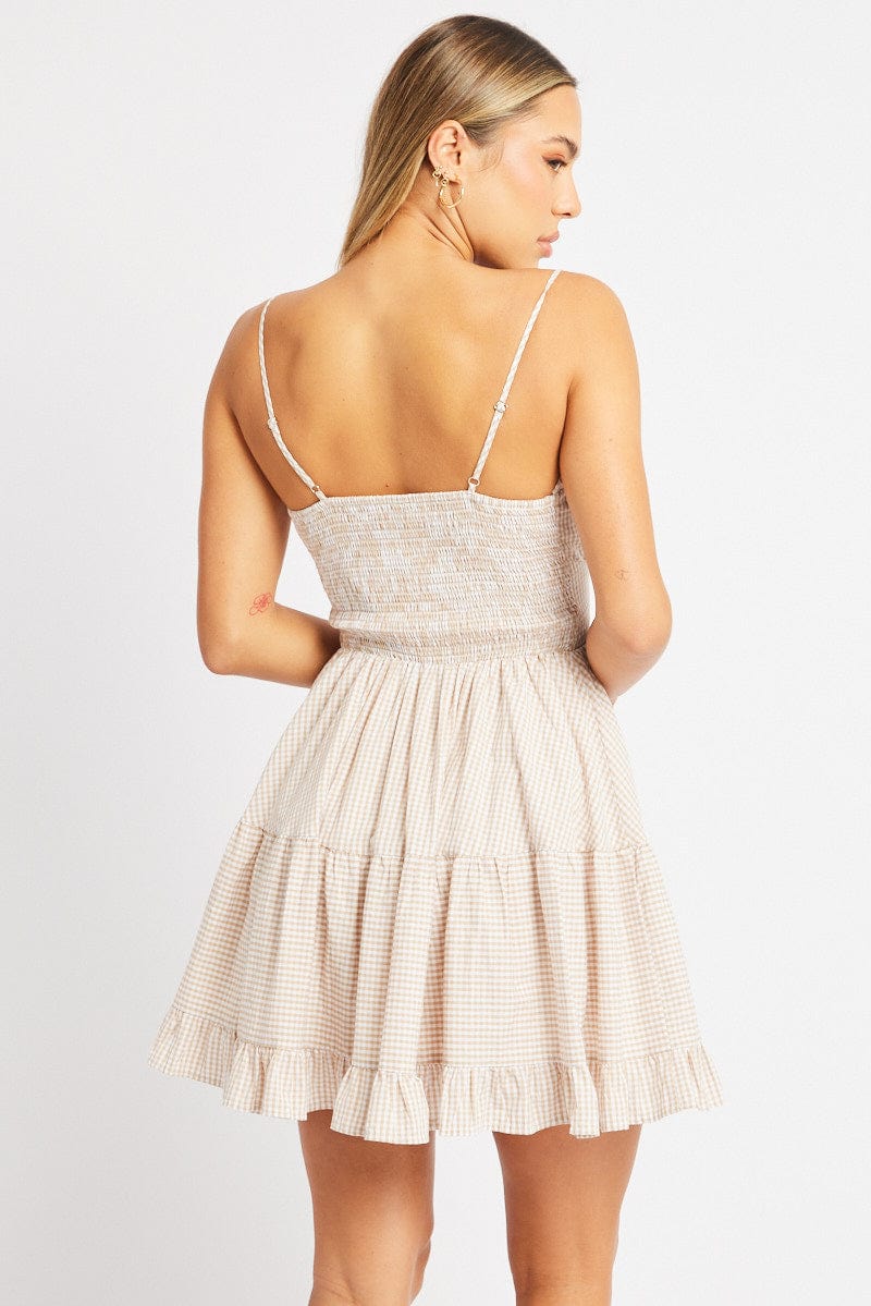 Beige Check Fit and Flare Dress Sleeveless Tiered - Image 5