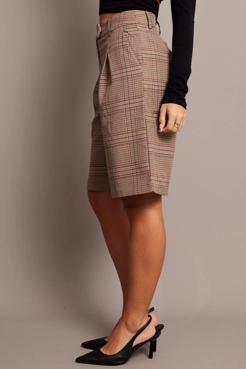 Beige Check Longline Shorts Mid Rise - Image 4