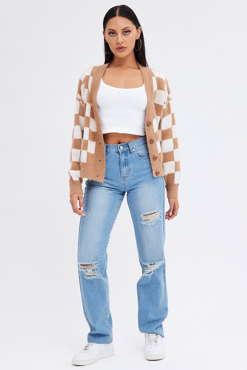 Beige Check Oversized Cardigan - Image 2