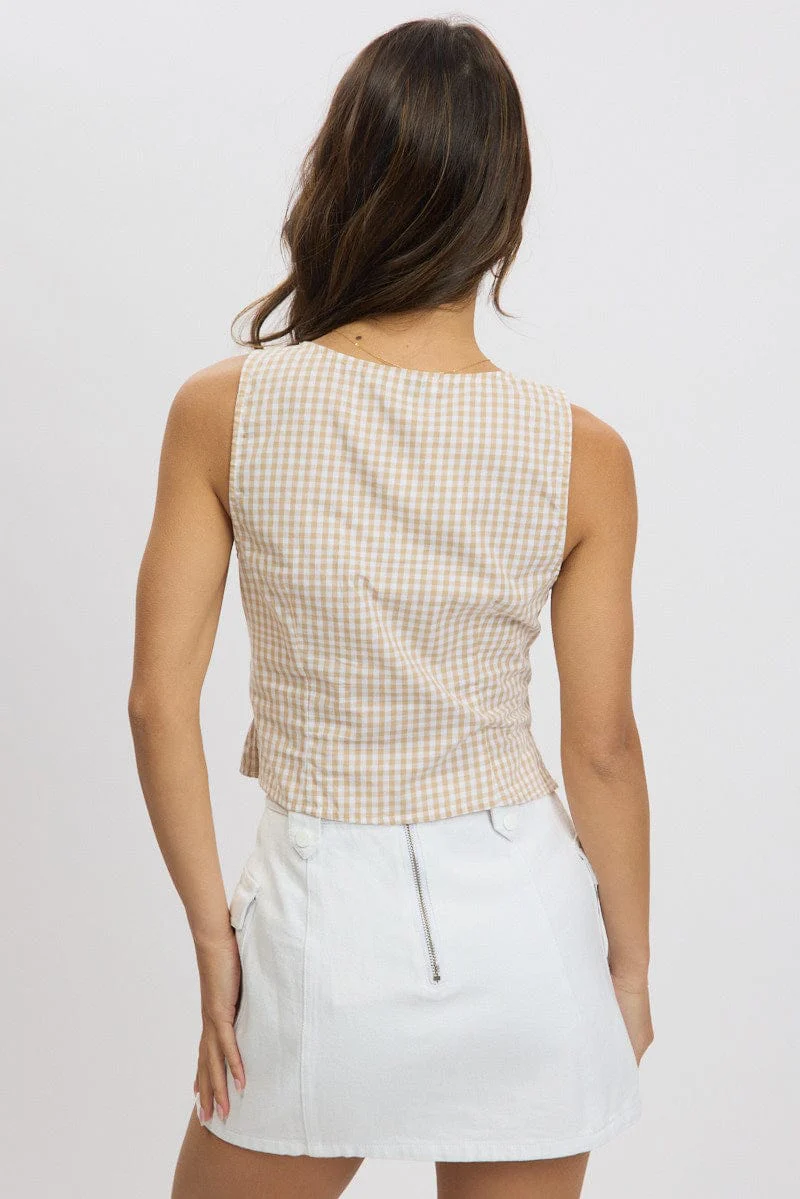 Beige Check Sleeveless Top Open Front - Image 5