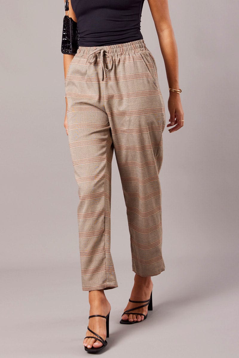 Beige Check Tapered Pants Elasticated Waist Cropped - Image 2