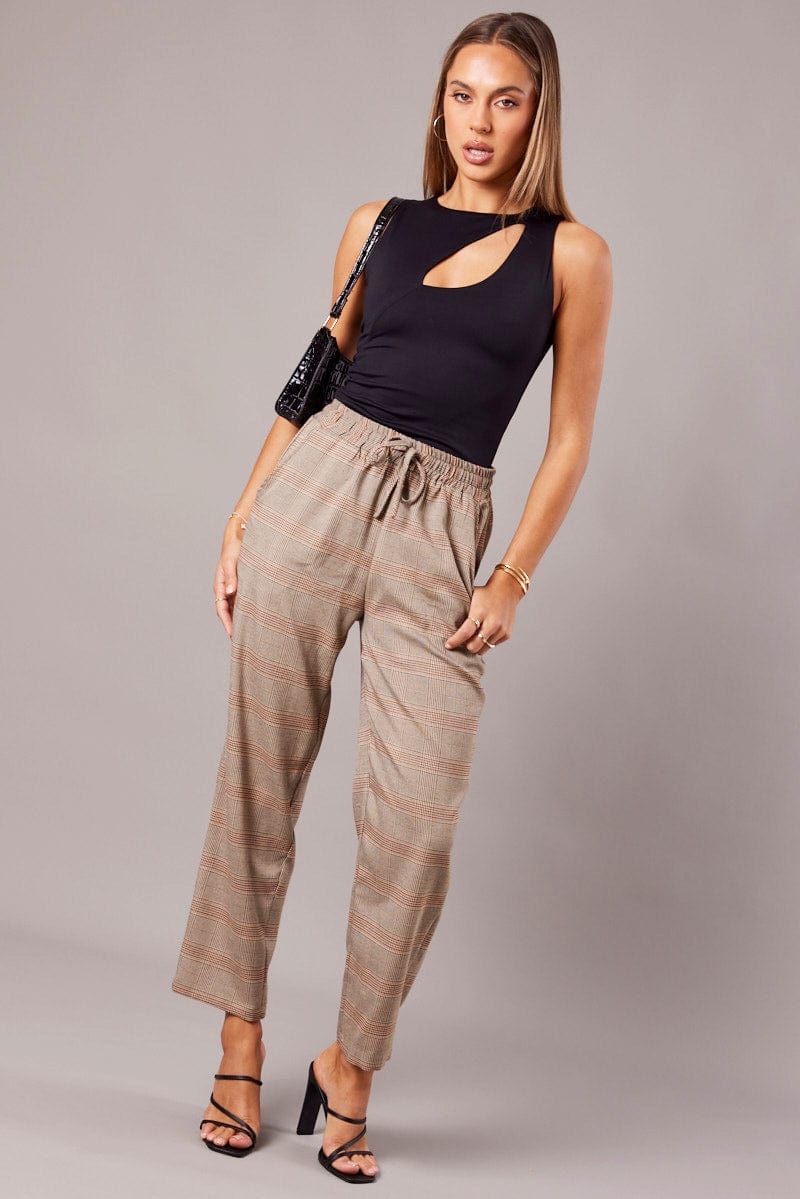 Beige Check Tapered Pants Elasticated Waist Cropped - Image 3