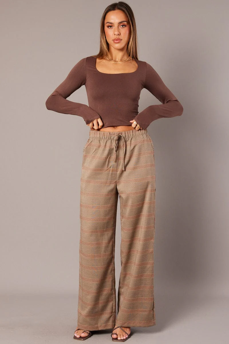 Beige Check Wide Leg Pants Elastic Waist - Image 2