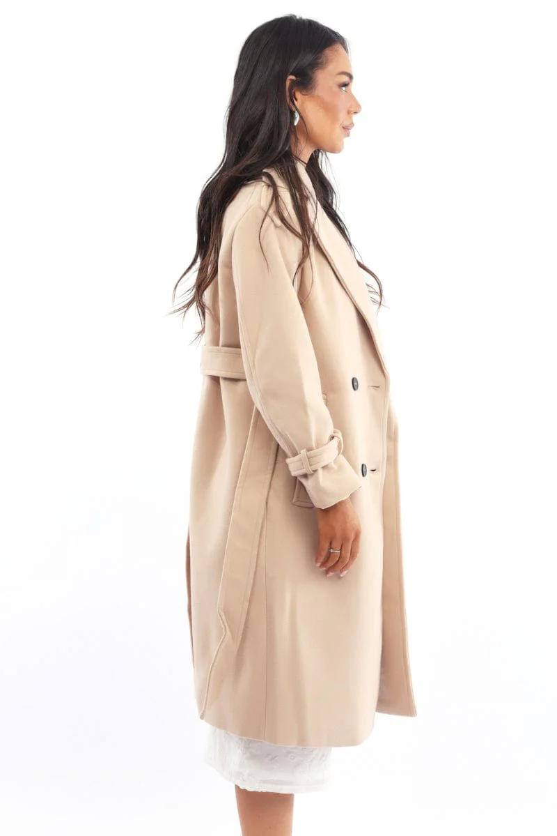 Beige Coat Long Sleeve Belted - Image 4