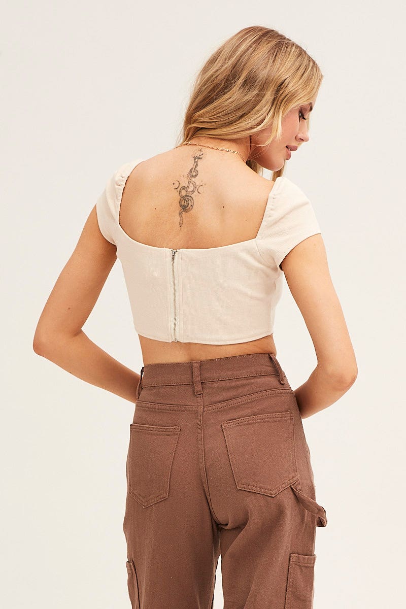 Beige Corset Crop Top Short Sleeve Square Neck - Image 5
