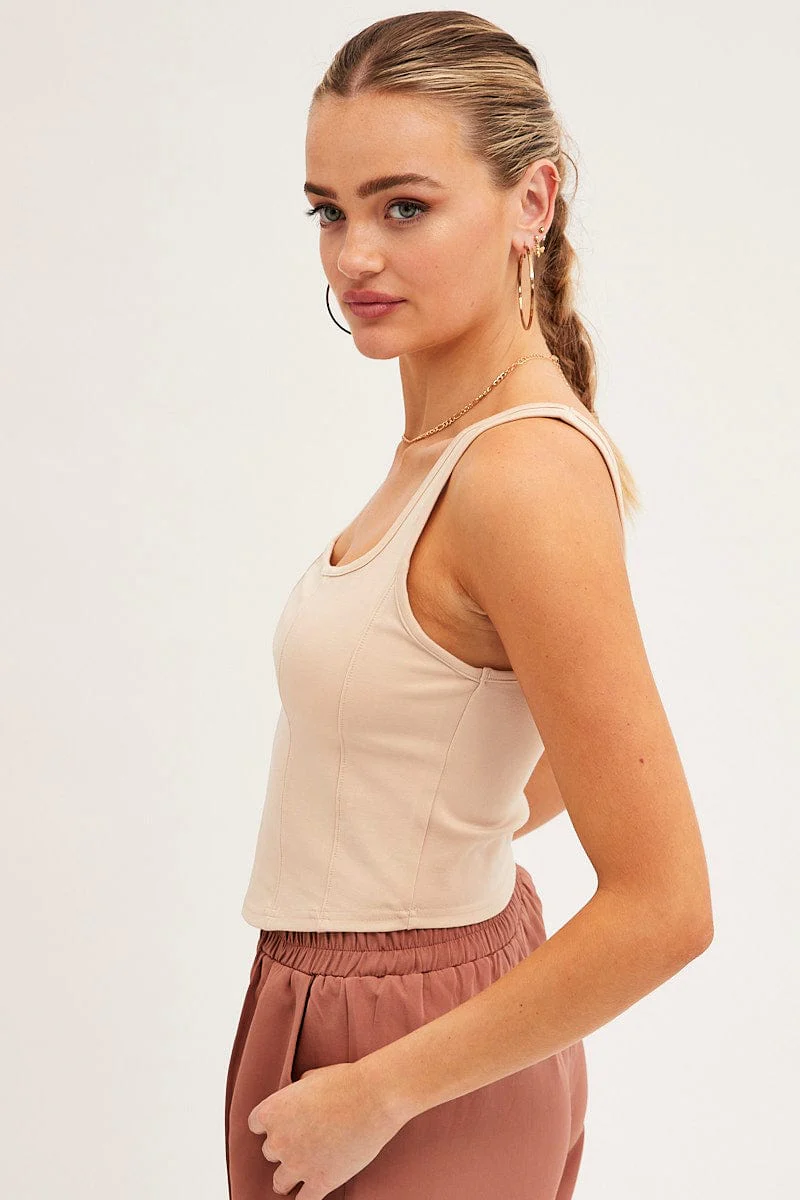 Beige Corset Tank Sleeveless Square Neck Crop Curved Hem - Image 4