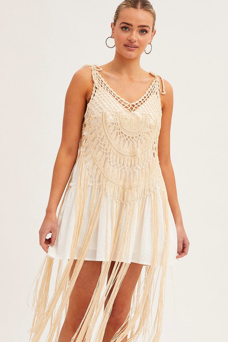 Beige Crochet Beach Pullover Dress Cover Up - Image 2