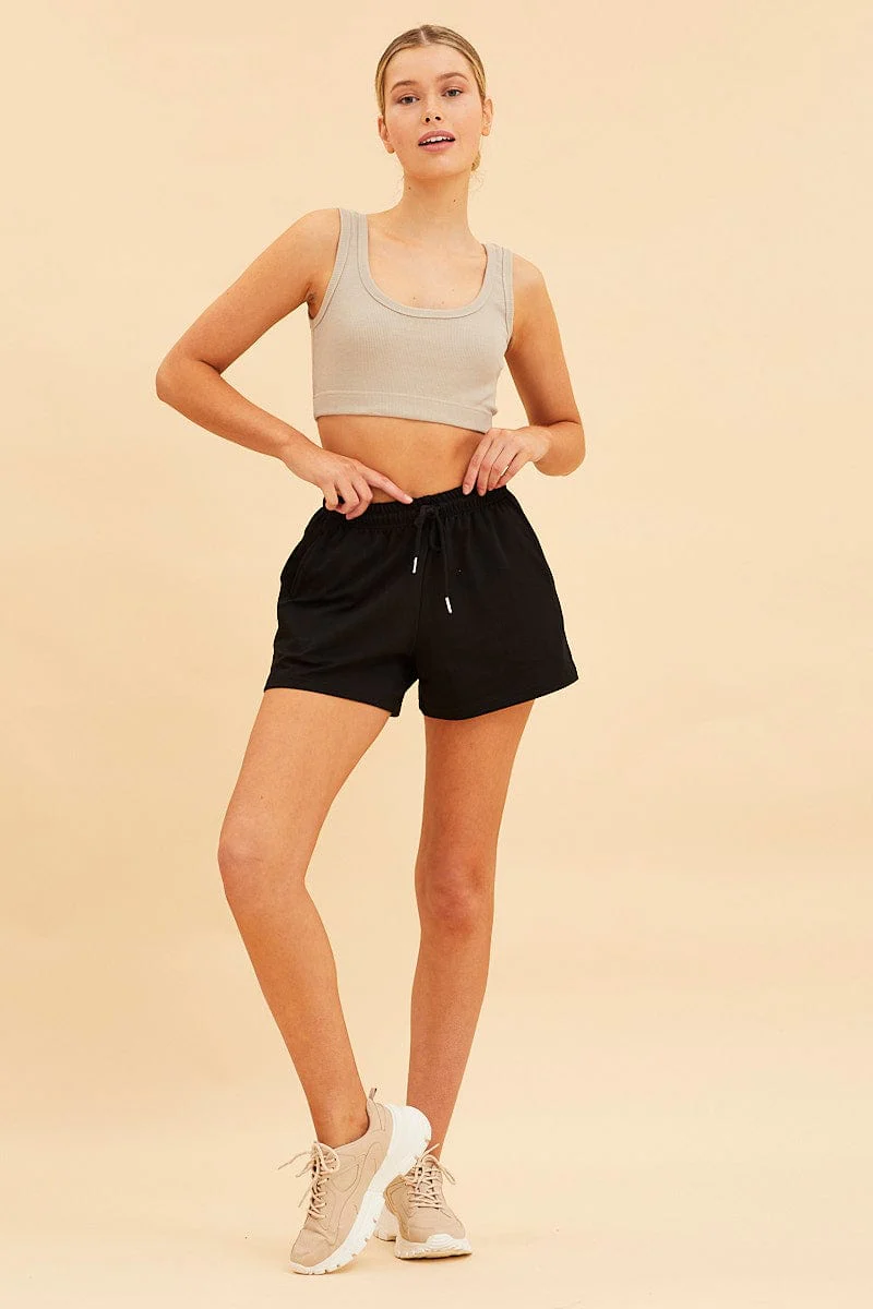 Beige Crop Top Cotton Blend Rib Tank Elasticated Hem - Image 2