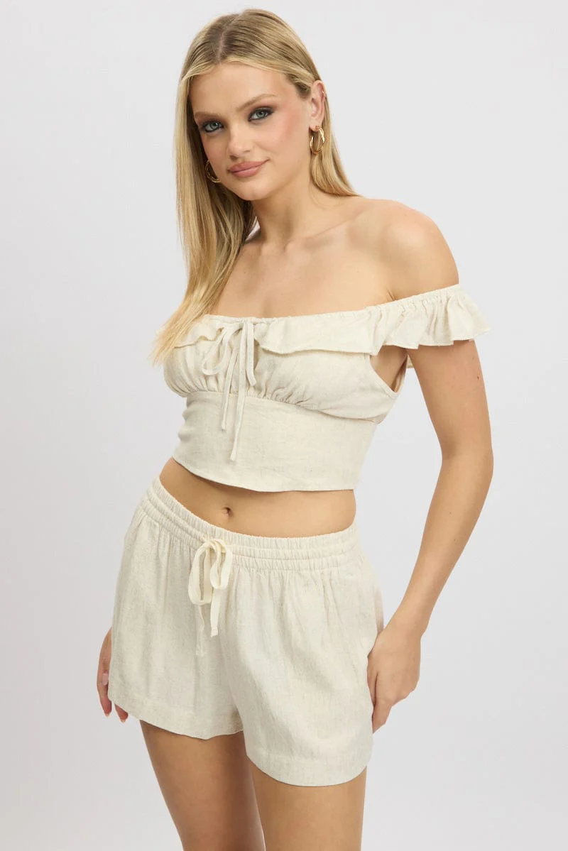 Beige Crop Top Ruffle Off Shoulder Linen Blend - Image 3
