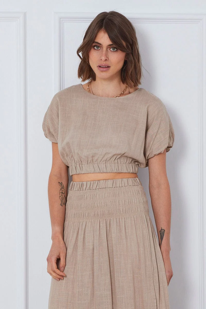 Beige Crop Top Short Sleeve Round Neck Linen - Image 3