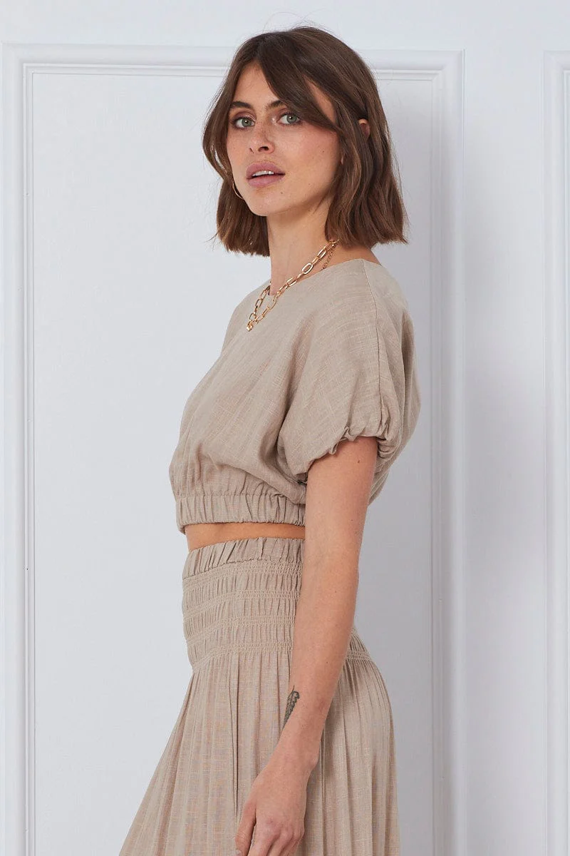 Beige Crop Top Short Sleeve Round Neck Linen - Image 4