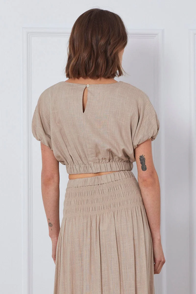 Beige Crop Top Short Sleeve Round Neck Linen - Image 5